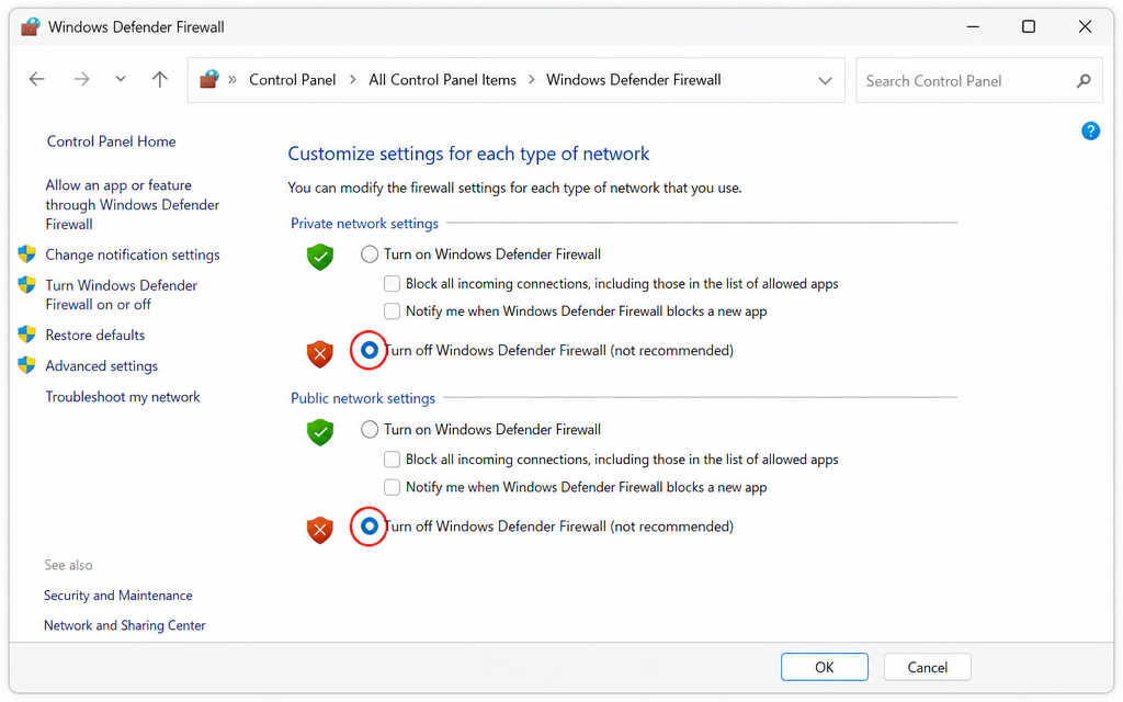 Windows Defender 防火墙关闭设置